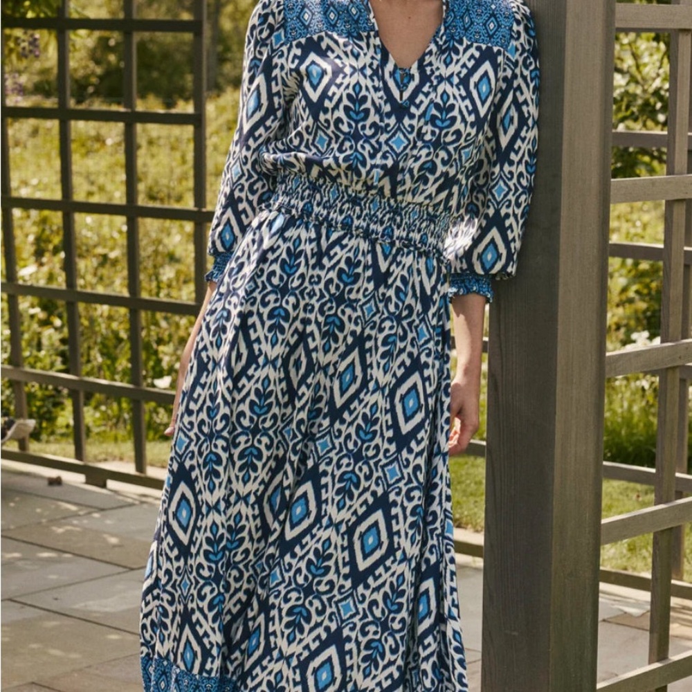 Southern Tide Blue and White Geometric Long Sleeve Dress